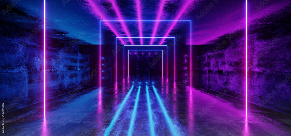 Concrete Grunge Brick Corridor Tunnel Dark Hall Reflective Neon Glowing Sci Fi Futuristic Modern  Path Purple Blue Vibrant Rectangle Shapes Gate Stage Show Laser 3D Rendering