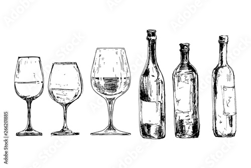 Set of wine bottles and glasses