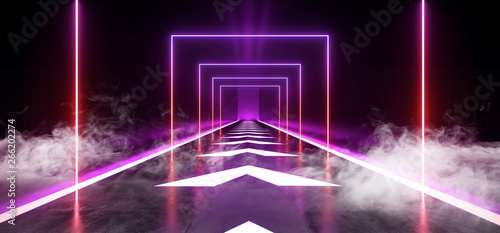 Smoke Fog Arrows Track Concrete Grunge Brick Corridor Tunnel Dark Hall Reflective Neon Glowing Sci Fi Futuristic Modern Path Purple Blue Vibrant Rectangle Shapes Gate Stage Show Laser 3D Rendering