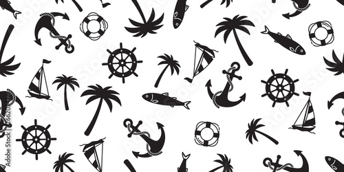 Anchor seamless pattern vector boat palm tree pirate helm maritime Nautical ocean sea tropical summer repeat wallpaper tile background scarf isolated © CNuisin