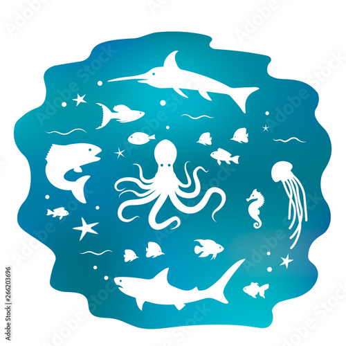 Various fish from the ocean. Flat banner. Concept of the underwater world. Vector illustration isolated