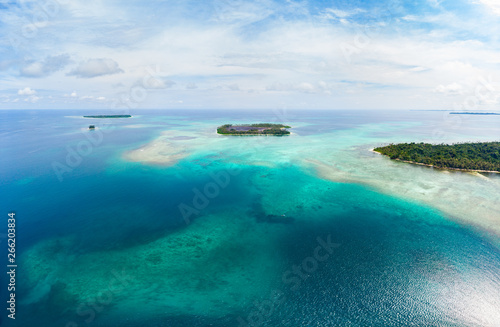 Aerial view Banyak Islands Sumatra tropical archipelago Indonesia  Aceh  coral reef white sand beach. Top travel tourist destination  best diving snorkeling.