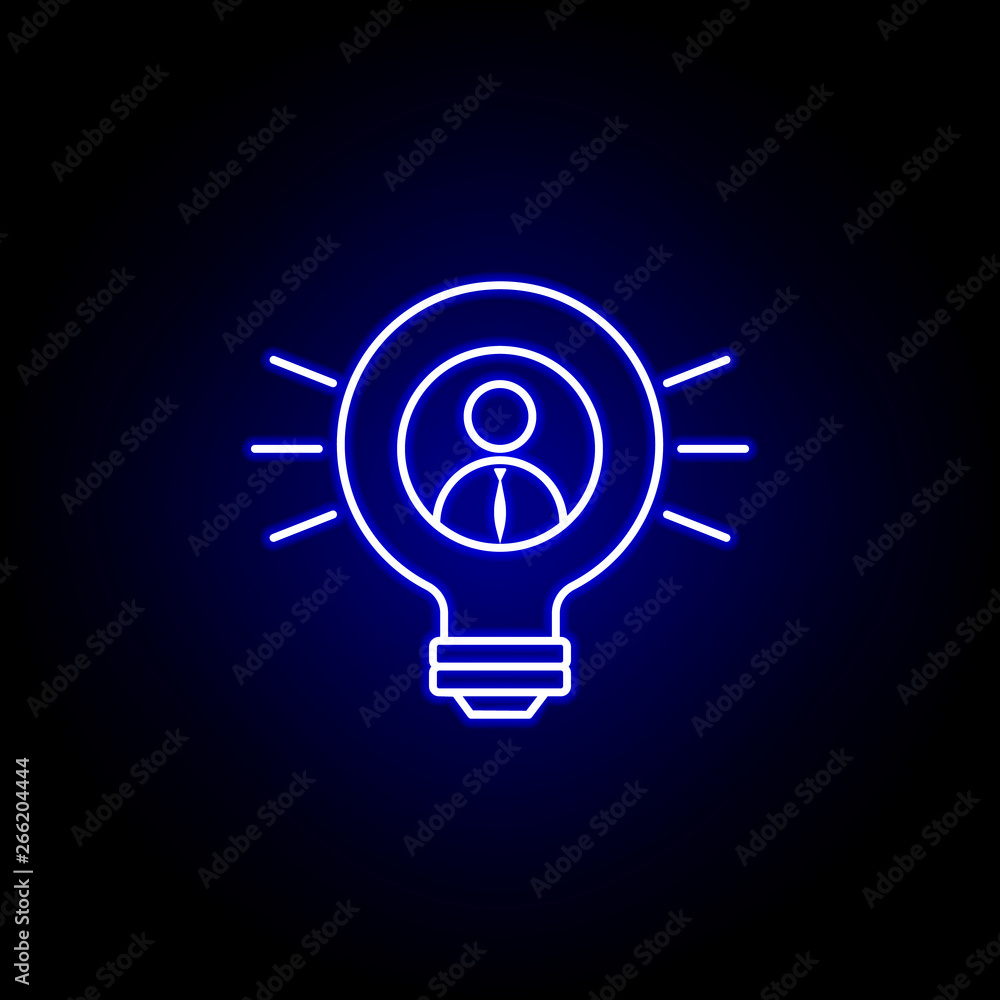 Bulb, businessman, idea icon. Elements of Human resources illustration in neon style icon. Signs and symbols can be used for web, logo, mobile app, UI, UX Bulb, businessman, idea icon. Elements of Human resources illustration in neon style icon. Signs and symbols can be used for web, logo, mobile app, UI, UX