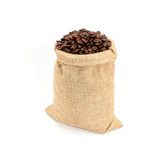 Coffee beans. Hard roasted coffee beans in jute burlack sack, isolated on white background.