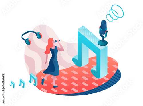 Singer 3d isometric vector colorful illustration, girl singing with microphone, radio person