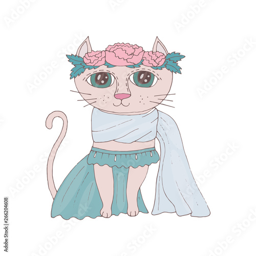Cartoon colorful cat with flower on the head for coloring book or pages