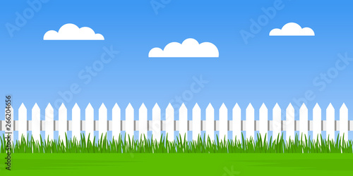 Traditional white fence with green grass against a cloudy sky background. summer landscape seamless. flat vector illustration isolated
