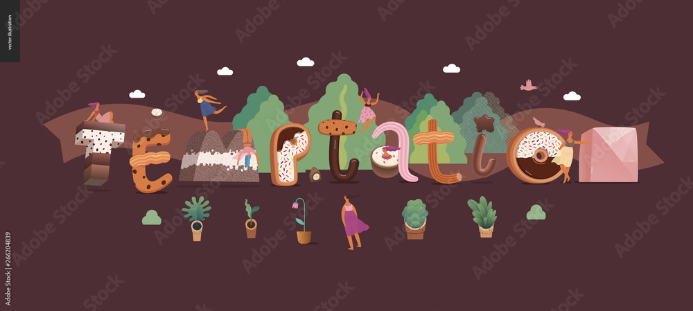 Obraz premium Dessert lettering - Temptation - modern flat vector concept digital illustration of temptation font, sweet lettering and girls. Caramel, toffee, biscuit, waffle, cookie, cream and chocolate letters