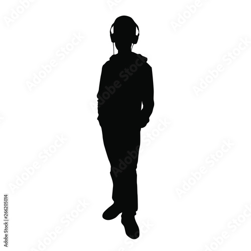 Vector silhouette teenager, standing, headphones,  black color, isolated on white background