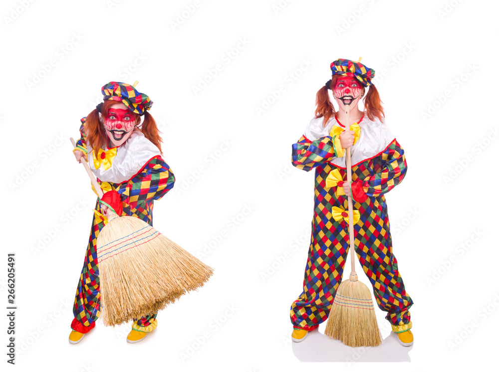 Clown with broom isolated on white