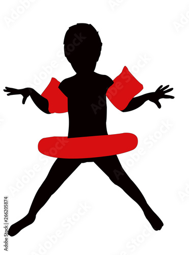 Boy with armbant and life saver, going to sea