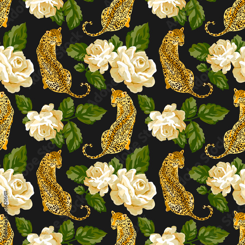 Seamless pattern with rose, leaves and leopard, jaguar, tiger, panther.