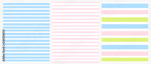 3 Striped Seamless Vector Patterns. Light Blue, Pink and Green Brush Stripes Isolated on a White Background. Simple Pastel Color Geometric Repeatable Vector Design for Textile, Paper Decoration.
