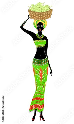 A slender African-American lady. A girl is carrying a basket on her head with grapes. The woman is beautiful and young. Vector illustration