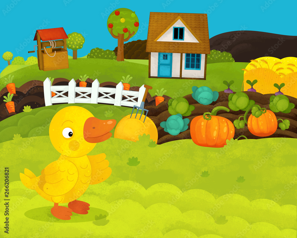cartoon happy and funny farm scene with happy duck - illustration for children cartoon happy and funny farm scene with happy duck - illustration for children