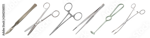 Set of surgical instruments. Scalpel, Liston s amputation knife, straight scissors, clamp mosquito with clasp, anatomical tweezers, Folkmann s serrated hook, Meyer s forceps, Isolated objects. Vector