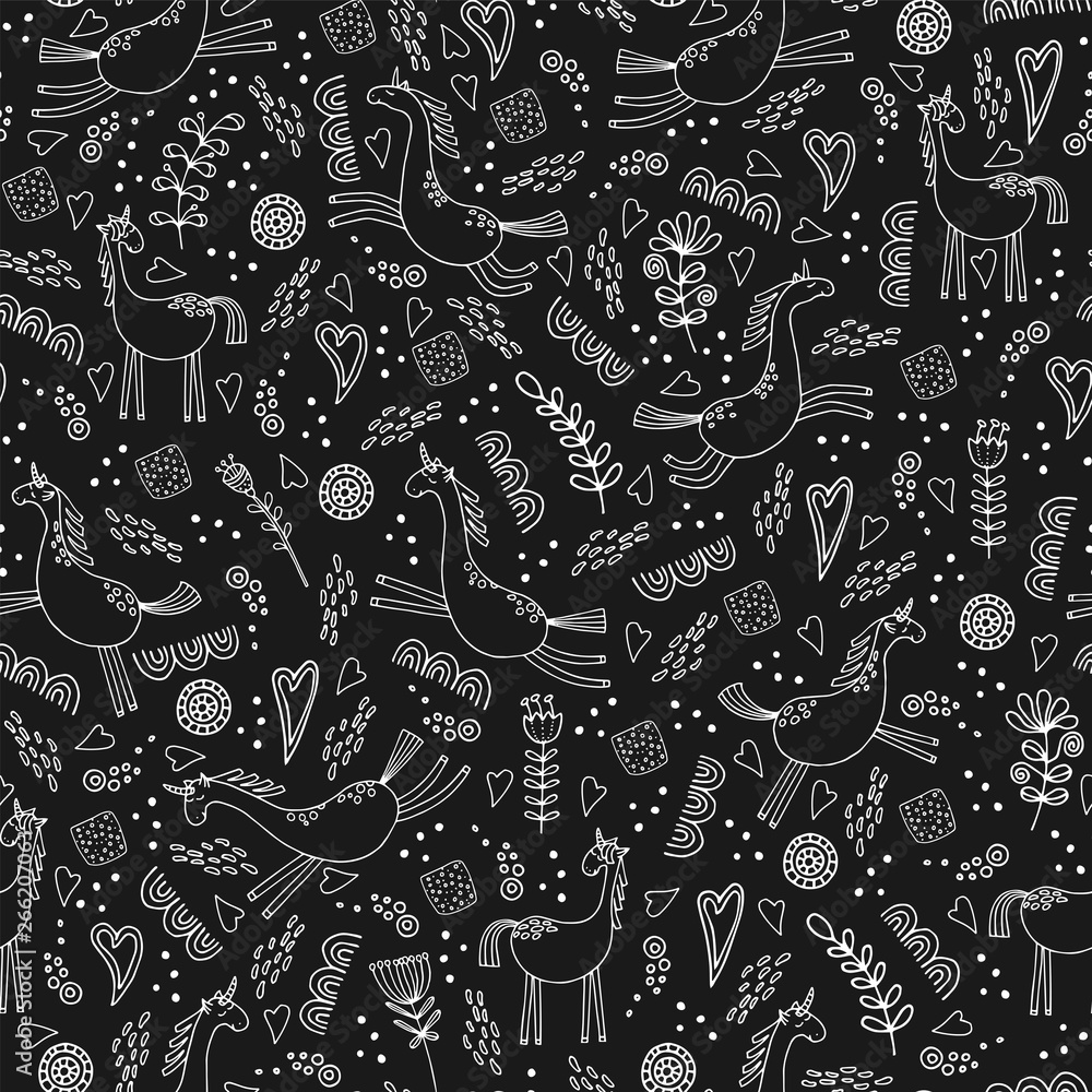 Hand drawn seamless pattern with unicorns on black background. Vector illustration.