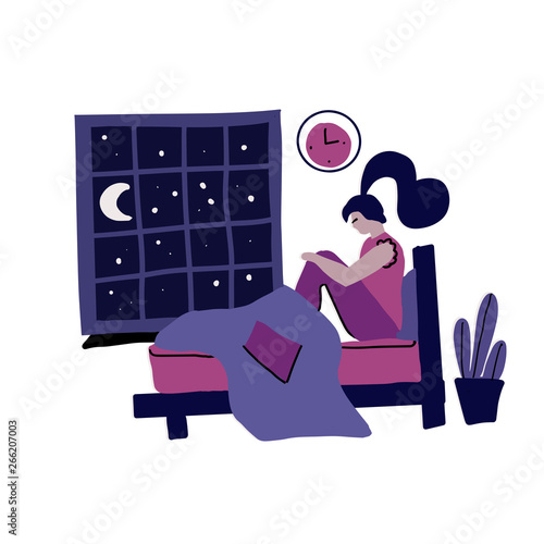 Woman with insomnia. Modern hand drawn flat concept with sad unhappy young woman sitting on a bed at Night. Sleepless girl. Vector flat cartoon illustration on white background