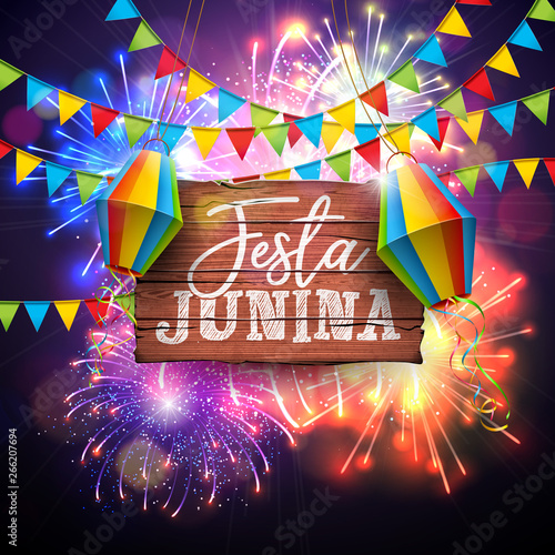 Festa Junina Illustration with Flags and Paper Lantern on Firework Background. Vector Brazil June Festival Design for Invitation or Holiday Celebration Poster.