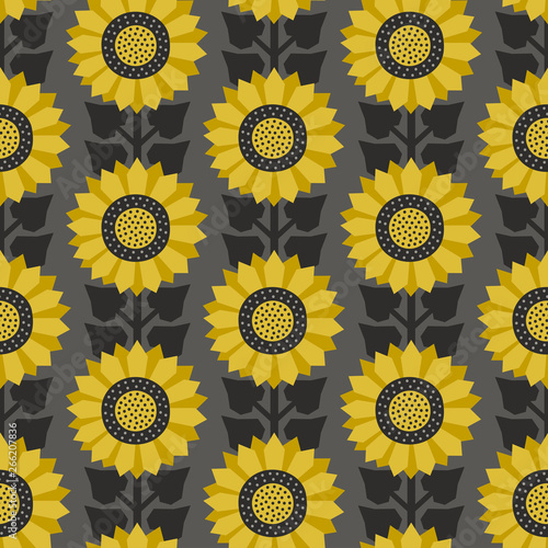 Scandinavian sunflower gray & yellow vector seamless pattern.