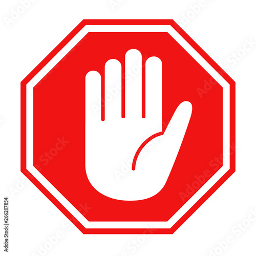 Red stop sign with big hand symbol icon vector illustration photo