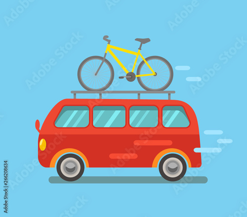 Funny minibus traveling with a bike in a cartoon style. Flat vector illustration