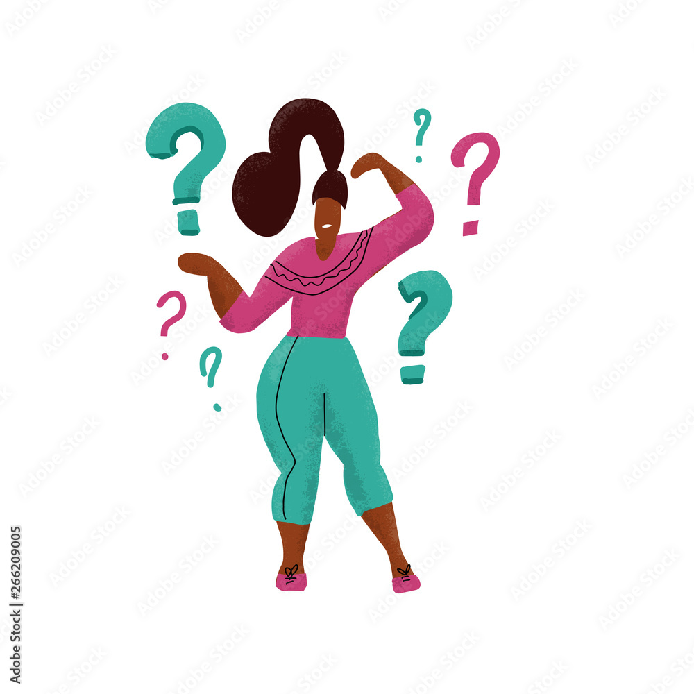 Hand drawn comic Woman with questions thinking and contemplaining on white. Thinking girl standing under question marks. Thinking lady surrounded by question marks. Vector modern cartoon illustration. Hand drawn comic Woman with questions thinking and contemplaining on white. Thinking girl standing under question marks. Thinking lady surrounded by question marks. Vector modern cartoon illustration.