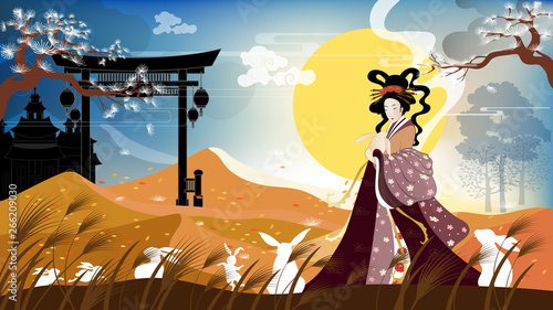 Vector Mid Autumn Festival Illustration with fairy Chang'e, The Chinese Goddess of the Moon with rabbit jade, Panorama landscapes of autumn night with Chinese temple and family rabbit celebration, 