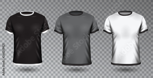 Realistic Unisex Shirt Design Tempale on Transparent Background, Vector Blank Black, Gray and White T-shirt Mock-Up Clothing Set.