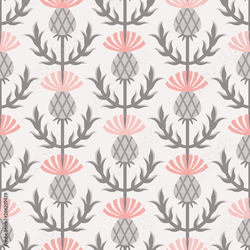Scandinavian thistle gray & pink vector seamless pattern.