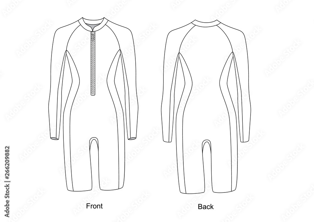 diving suit with zipper in front vector. Wetsuit template vector Stock