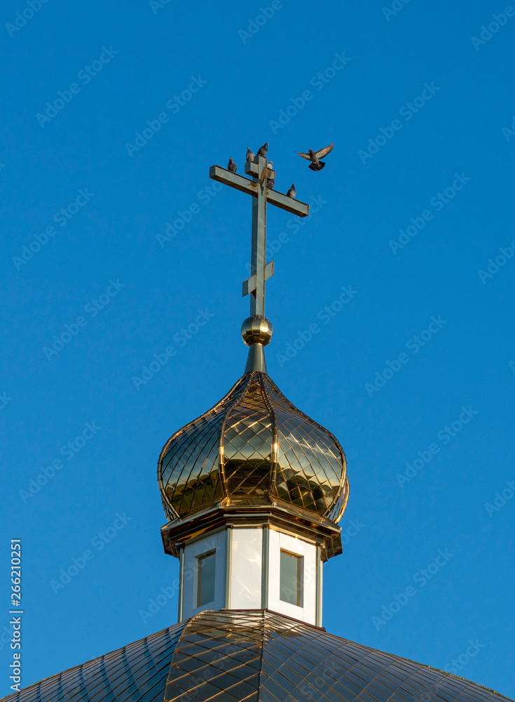 Golden domes of the Russian Orthodox Church with crosses glow in the rising spring sun close-up against the blue sky and pigeons sitting on the cross
