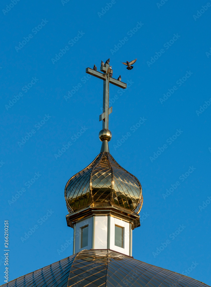Golden domes of the Russian Orthodox Church with crosses glow in the rising spring sun close-up against the blue sky and pigeons sitting on the cross Golden domes of the Russian Orthodox Church with crosses glow in the rising spring sun close-up against the blue sky and pigeons sitting on the cross