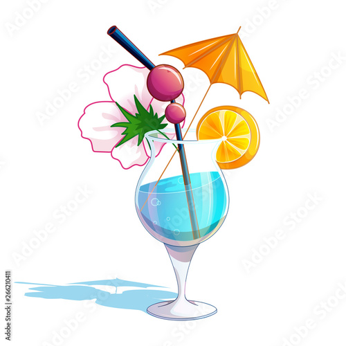 Summer tropical beach cocktail. A glass glass with a blue drink, an orange umbrella, an orange slice, a flower and a cocktail tube with cherries. Holidays in Hawaii. Vector illustration.