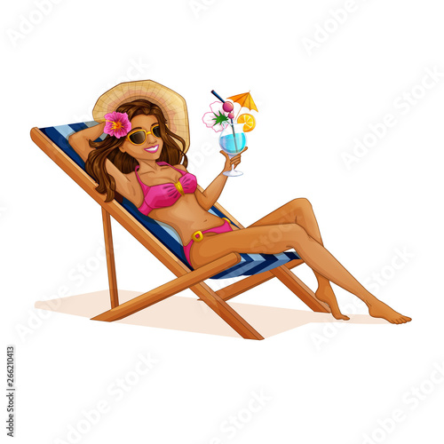 A beautiful tourist girl in a swimsuit resting on a deckchair with a cocktail in her hands. Vector beach illustration. Holidays in the Hawaiian Islands. Character in the cartoon style