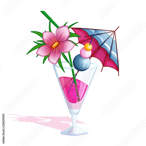 Summer tropical beach cocktail. A glass with a pink drink, a blue umbrella, pink tropical flower and skewer with multi-colored cherries. Holidays in Hawaii. Vector illustration.