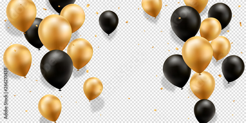 Gold and Black Balloons with confetti on a transparent background.