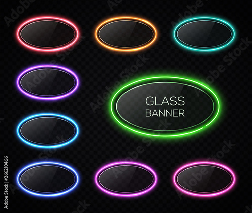 Colorful oval neon lights banner design set. Glowing electric illuminated  signs with glass texture backdrop on transparent background. Elements for  your ad, sign, poster. Shining vector illustration. Stock Vector | Adobe  Stock