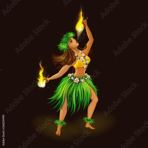 Girl dancer in Hawaiian folk clothes with torches for fiery dance. Hula Dance and Fire Show. Holidays in the Hawaiian Islands. Vector illustration. Character in the cartoon style.