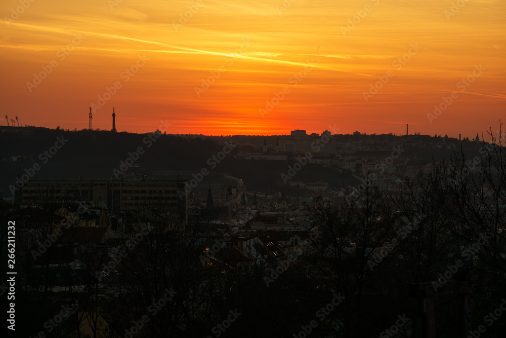 Yellow sunset above Prague's panorama. 