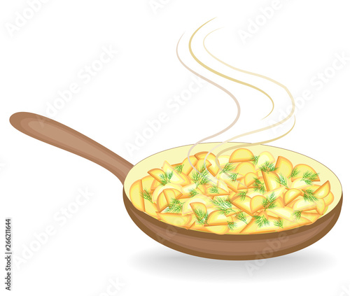 Potatoes are fried in a frying pan. Top of the fresh green dill. Fast, tasty and nutritious food. Vector illustration