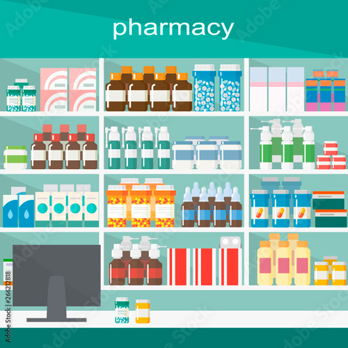 Modern interior pharmacy and drugstore. . Vector simple illustration