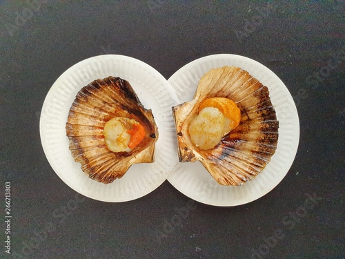 Fresh grilled scallops in the shells on the black background