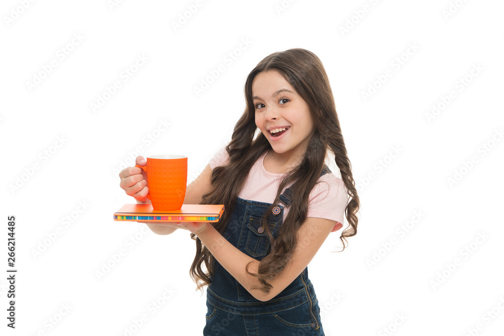 Relax and recharge. Water balance concept. Enjoying tea before school classes. Inspiring drink. Girl cute child long hair drink cocoa or tea. Schoolgirl with book or notepad and mug having tea break Relax and recharge. Water balance concept. Enjoying tea before school classes. Inspiring drink. Girl cute child long hair drink cocoa or tea. Schoolgirl with book or notepad and mug having tea break