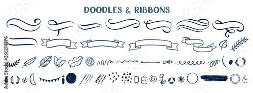 Abstract arrows, ribbons and other elements in hand drawn style for concept design. Doodle illustration. Vector template