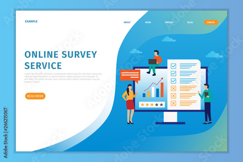 Vector illustration concept online landing page survey, people fill out online survey forms on computers, can be used for landing page websites, mobile apps