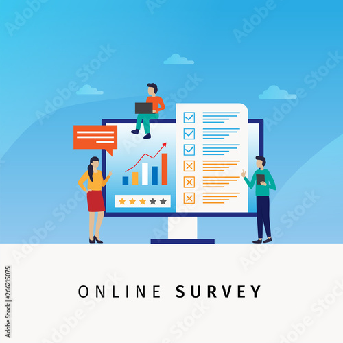 Vector illustration concept online survey, people fill out online survey forms on computers. can be used for landing page websites,hompage, banner, flyer, mobile apps- Vector