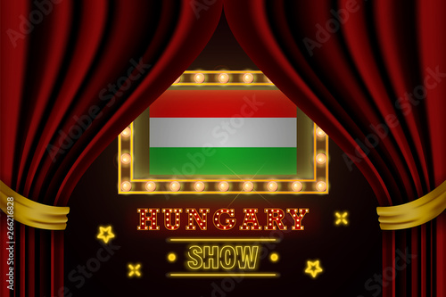 Show time board for performance, cinema, entertainment, roulette, poker of Hungary country event. Shining light bulbs vintage of Hungary country name