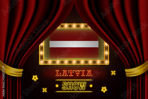 Show time board for performance, cinema, entertainment, roulette, poker of Latvia country event. Shining light bulbs vintage of Latvia country name photo