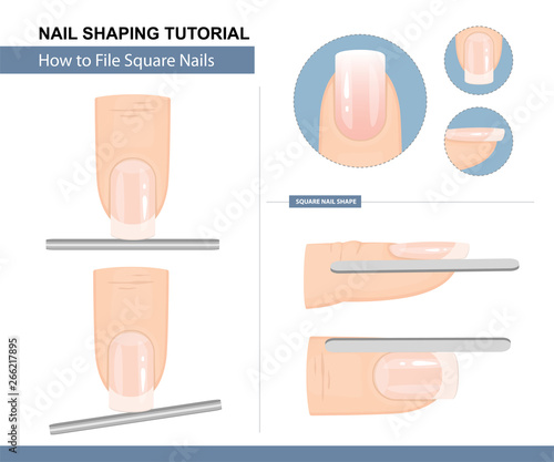 Nail Shaping Tutorial. How to File a Square Nail Shape. Step by Step Instruction. Vector illustration